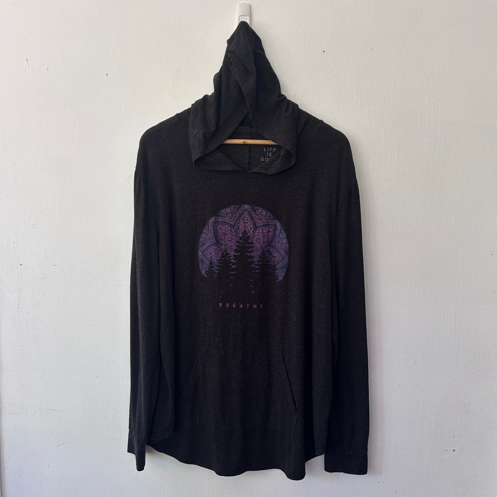 Life is Good Hooded Tee Women XL Gray Breathe Mandala Granola Yogi Boho